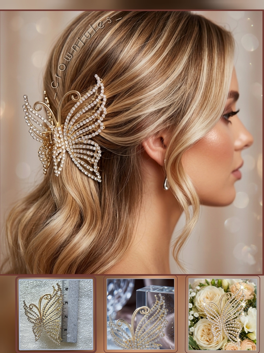 Gold Rhinestone Butterfly Hair Claw - Elegant Women’s Hair Clip Accessory